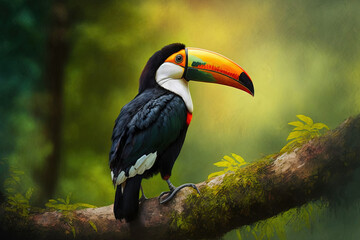 On the wood, a toco toucan bird. Generative AI