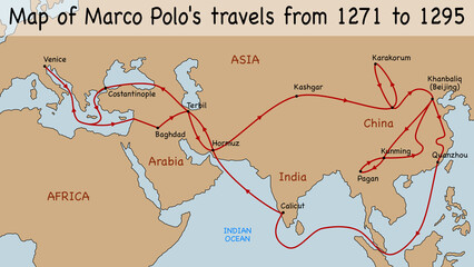 Map of Marco Polo's travels from 1271 to 1295 - obrazy, fototapety, plakaty