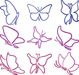 Butterflies made with colorful line art. Nine hand-drawn butterflies in various positions and three colors.