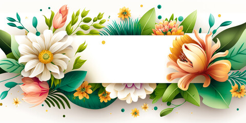 spring floral frame background with flowers, white background, banner, panorama - illustration - Generative AI
