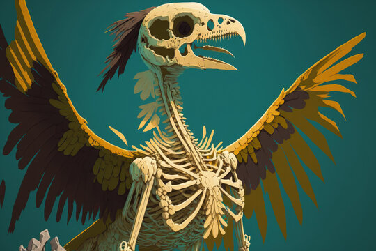 Detail Of The Skeleton, Including The Skull And Bones, Of The Petrified, Fossilized Archaeopteryx, A Transitional Fossil Between Dinosaurs And Modern Birds, In Close Up. Generative AI