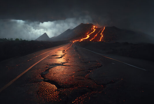 sunset over the volcano, lava flowing toward a road, generative ai