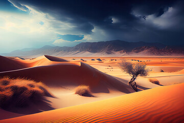 Fototapeta na wymiar desert landscape with shrubs, dunes, mountains in background