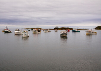 Fishing boats in the Atlantic Ocean in Kennebunkport, Maine, USA.