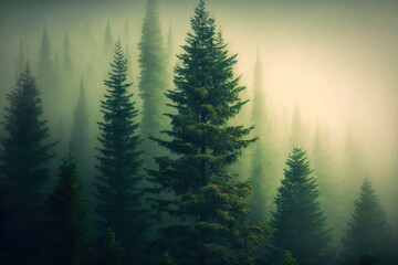 Fototapeta premium Old growth spruce, fir, and pine trees in a forest. Healthy green trees. Sunrise spruce trees in the coniferous woodland down the hill in the fog. Generative AI