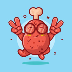 funny chicken thigh food character mascot with peace sign hand gesture isolated cartoon in flat style design