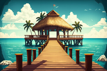 Exotic Paradise A Concept for Travel, Tourism, and Vacations. Tropical Hotel. Jetty in the Caribbean Sea near Cancun, Mexico. Generative AI