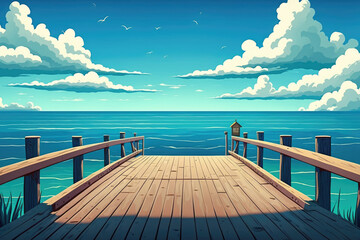beautiful seascape with a blue sky overhead. view from the wooden pier. Generative AI
