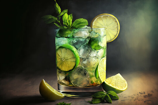 An image of a mojito cocktail may be seen in the bar's background. Generative AI