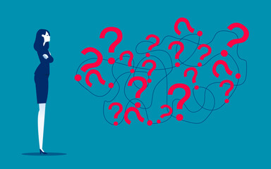 Pensive business person with question marks brainstorm think of problem solution. Solve trouble or make choice decision