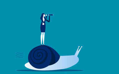 Look in binoculars on snail. Business slaw growth or bad results - obrazy, fototapety, plakaty