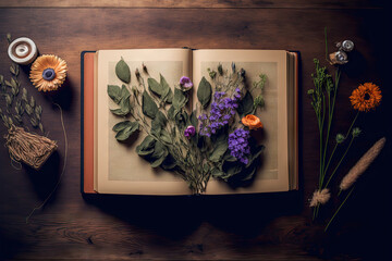 book and flowers on a wooden desk. Top view of a flat lay. Generative AI