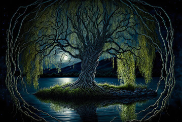 Irish landscape, weeping willow tree overhanging water, night, moon. Generative AI - obrazy, fototapety, plakaty