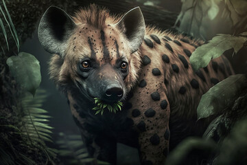 A hyena is lurking behind the leaves. Generative AI. Lovely hyena wallpaper. - obrazy, fototapety, plakaty