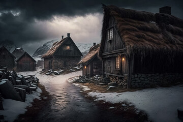 Vikinger Dorf im Winter, moody, cinematisch, 
erstellt mit generativer AI - obrazy, fototapety, plakaty