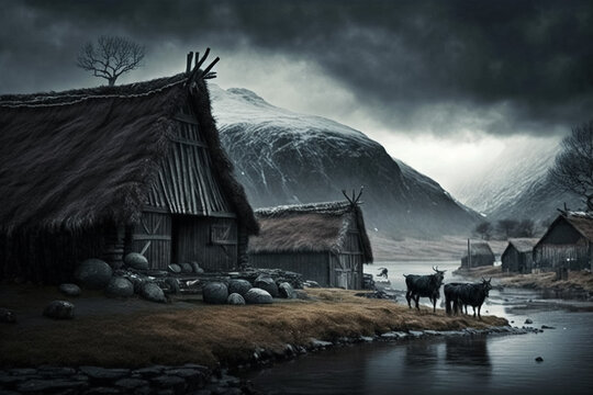 Vikinger Dorf im Winter, moody, cinematisch, 
erstellt mit generativer AI