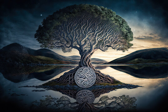 Irish landscape, tree with a Celtic knot symbol in a lake. Generative AI