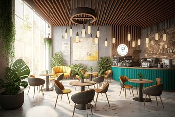 Modern Cafe Design: Leather Armchairs, Round Tables, and Pendant Lights. Photo AI