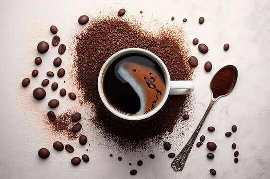 Brewed Coffee Perfection: Roasted Beans, Cup, and Spoonful on White Marble. Photo AI