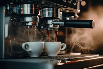 Close-up of Professional Coffee Machine Brewing Fresh Espresso at Urban Cafeteria. Photo AI