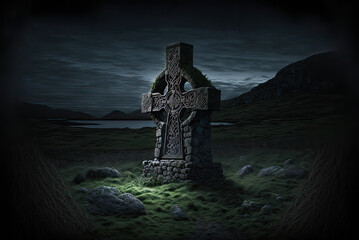 Irish landscape, Celtic cross gravestone, night. Generative AI - obrazy, fototapety, plakaty
