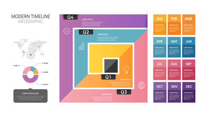 Infographic Timeline calendar diagram template for business. 4 Steps Modern roadmap with square topics, for vector infographics, flow charts, presentations.