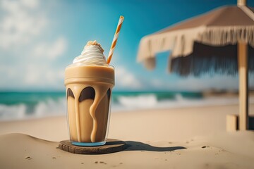 Relaxing Summer Vacation: Enjoy Iced Coffee Frappe at the Beach. Photo AI