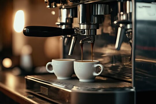 Close-up of Professional Coffee Machine Brewing Fresh Espresso at Urban Cafeteria. Photo AI