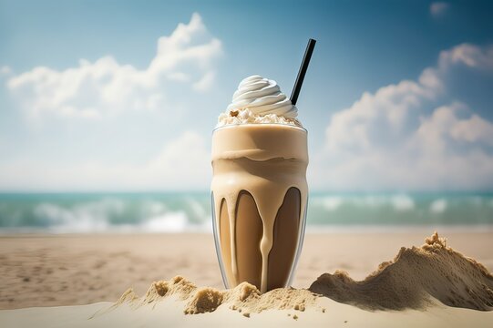 Relaxing Summer Vacation: Enjoy Iced Coffee Frappe at the Beach. Photo AI