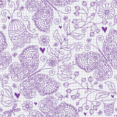 Fototapeta premium Vector seamless monochrome drawing in a school checkered notebook with butterflies and hearts