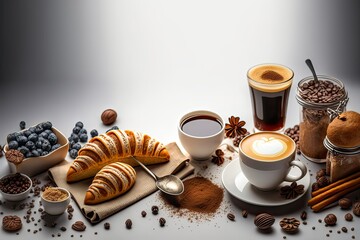 Coffee Lovers' Breakfast: Enjoy Espresso, Latte, Iced Coffee, Chocolate, Beans & Sugar. Photo AI