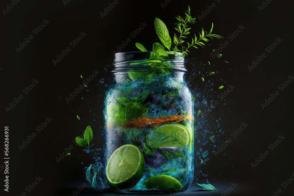 Sticker On a dark blue background, a fresh mojito cocktail with lime, rosemary, mint, and ice is shown in a jar glass. Drink in freeze motion in a studio image as liquid drips splatter. Cocktails and cool bev