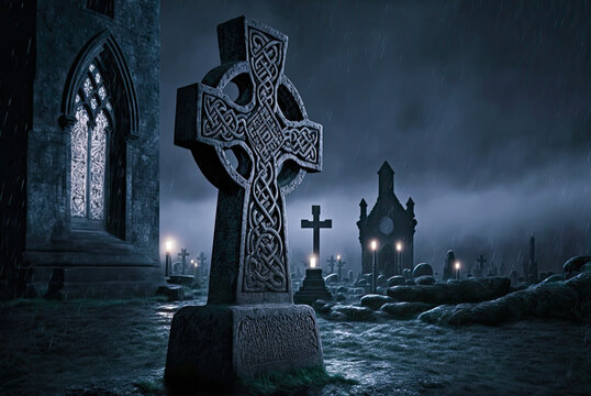 Irish landscape, Celtic cross in cemetery, night, gray, raining, bleak. Generative AI