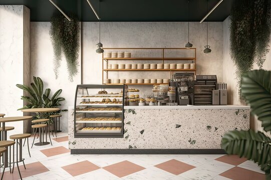 Modern Cafeteria Interior: Enjoy Coffee, Pastries and Baked Goods with Hanging Plants. Photo AI
