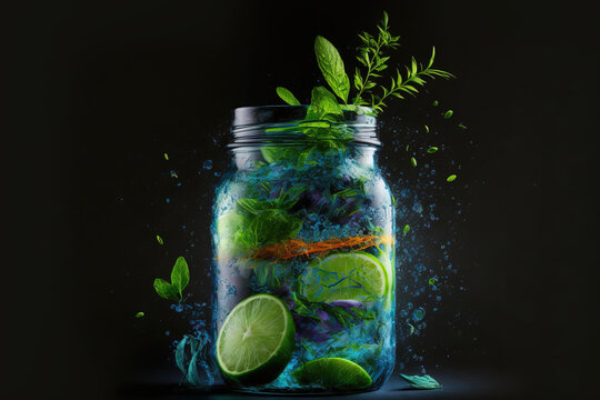 On a dark blue background, a fresh mojito cocktail with lime, rosemary, mint, and ice is shown in a jar glass. Drink in freeze motion in a studio image as liquid drips splatter. Cocktails and cool bev