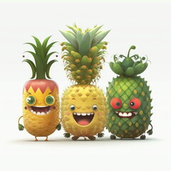 cartoon characters of pineapple, happy and smile, cute fruit monsters, white background, vector illustration, Made by AI,Artificial intelligence