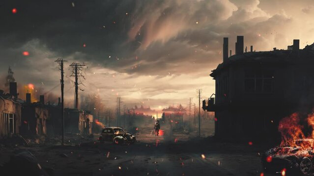 Ruined city after war and destroyed street.