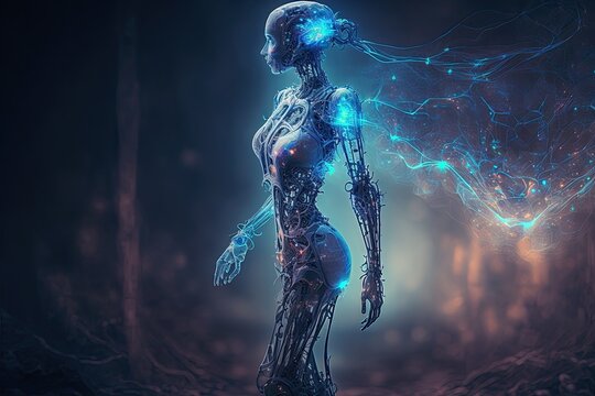 A ghostly skeletalized female robot walks through the night, her wireless neural connections visualized as ectoplasm in her wake. Generative AI. 