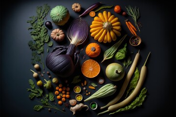 Healthy Foods, Knolling Illustration, vegetables, fruits, generative by AI