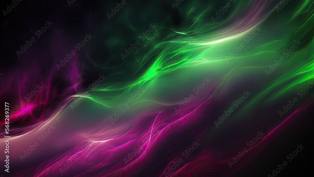 Wall mural green and magenta abstract glowing mist on black background - generative ai