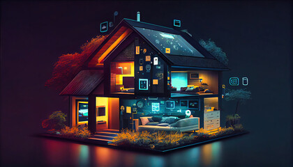 smart home - smarthome technology illustrated by generative AI. Modern two-story house equipped with Wi-Fi connectivity and smart appliances