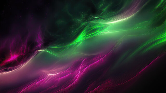 Green and Magenta Abstract Glowing Mist on Black Background - Generative AI