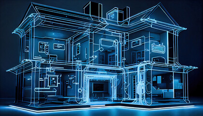 smart home - smarthome technology illustrated by generative AI. Modern two-story house equipped with Wi-Fi connectivity and smart appliances