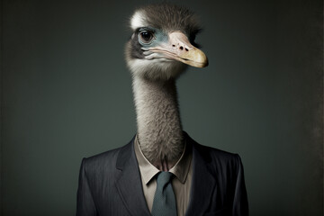 ostrich head business man character, AI generate - obrazy, fototapety, plakaty