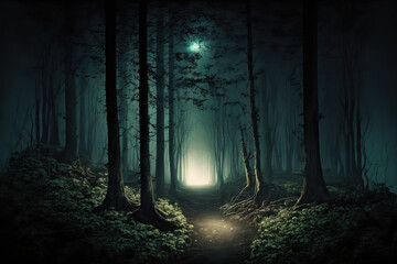 Dark forest vista, nighttime trail in eerie, enchanting forest, digital artwork. Generative AI