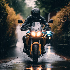 motorcyclist traveling on a road with rain generative AI - obrazy, fototapety, plakaty