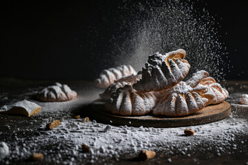 Crop shot of croissants covered in powdered sugar on a dark table. Generative AI