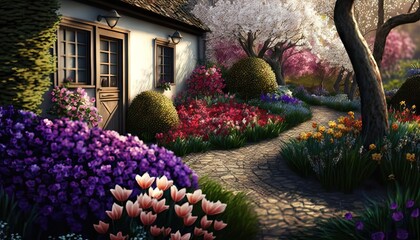 Fototapeta na wymiar Beautiful Village With Little Houses and Gardens of Flowers in Spring, in a Colourful Scene illustrated, generative ai