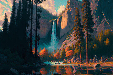 Mountain waterfalls lake landscape pine tree