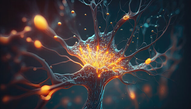 Neurological brain stem cells, firing neurons on dark background, nervous system illustration dementia alzheimer's Generative AI